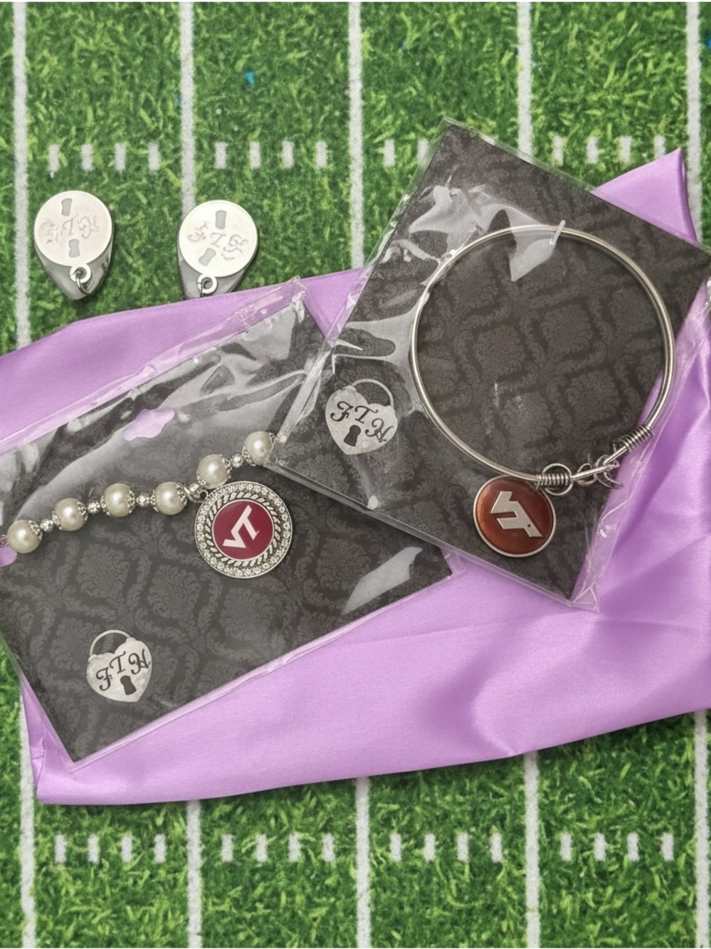 Silver Charm Bracelet and Pearl stretch bracelet - Maroon VT Pendant